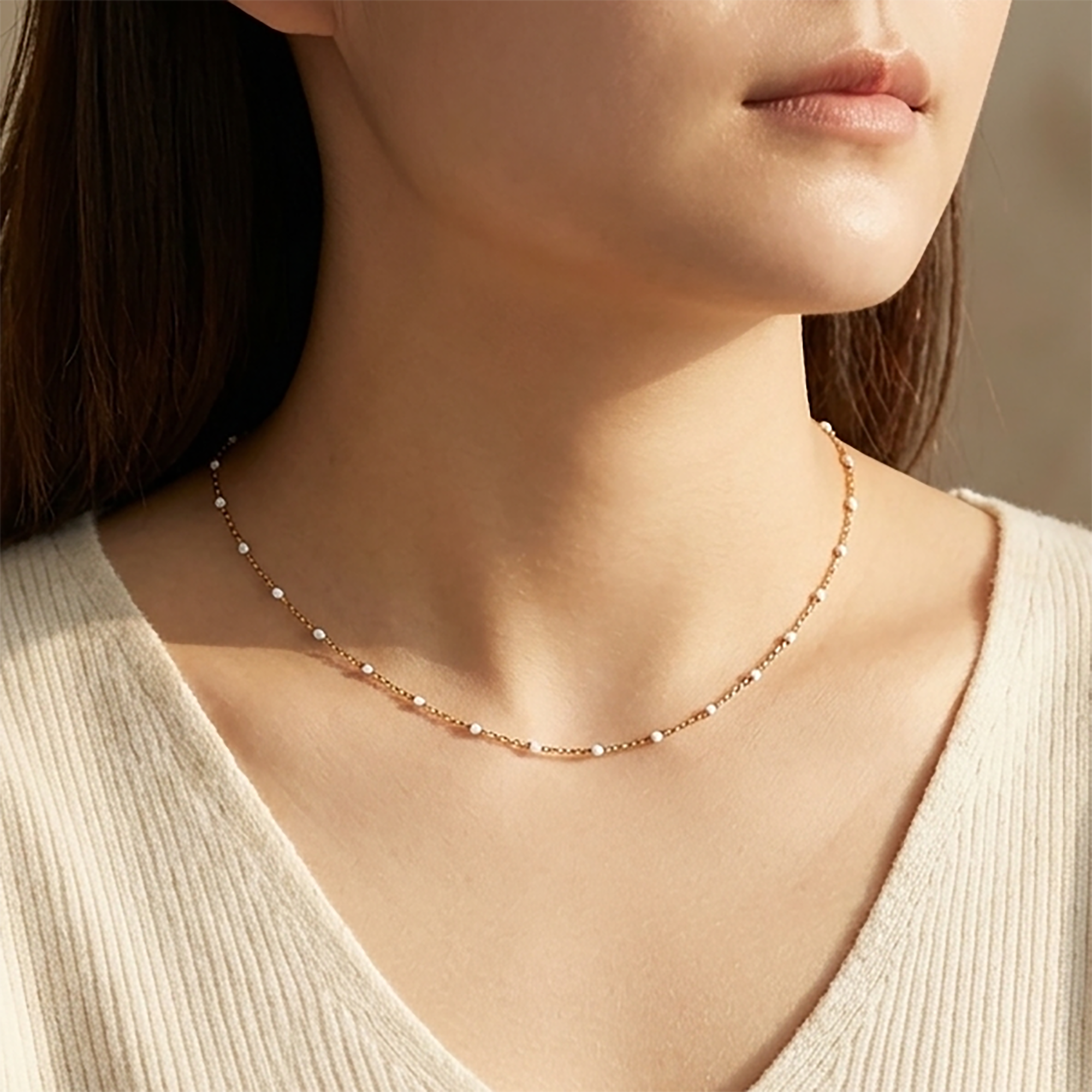 White Beaded Station Necklace